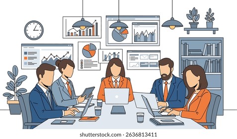 Flat vector illustration of a productive business meeting with diverse team members collaborating around a table, analyzing charts and data. Emphasizes teamwork and strategy
