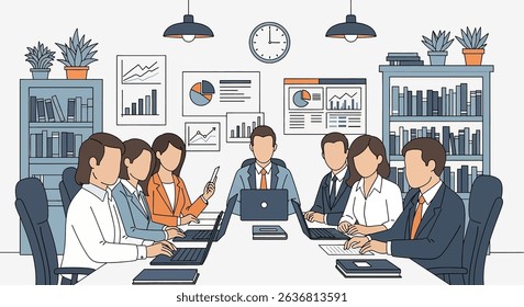 Flat vector illustration of a productive business meeting with diverse team members collaborating around a table, analyzing charts and data. Emphasizes teamwork and strategy