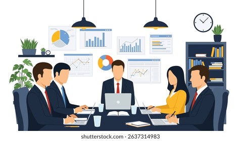 Flat vector illustration of a productive business meeting with diverse team members collaborating around a table, analyzing charts and data. Emphasizes teamwork and strategy