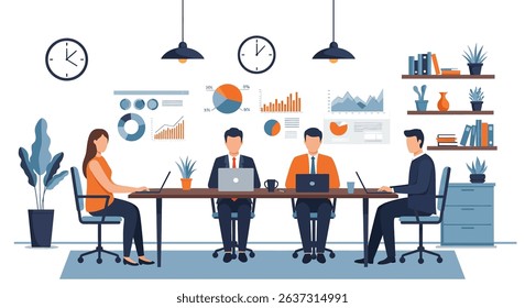 Flat vector illustration of a productive business meeting with diverse team members collaborating around a table, analyzing charts and data. Emphasizes teamwork and strategy