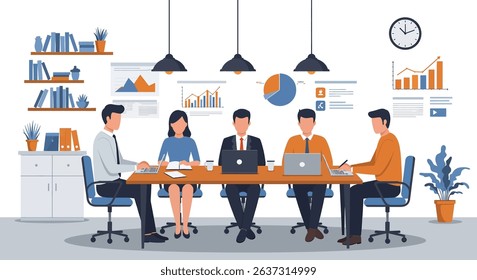 Flat vector illustration of a productive business meeting with diverse team members collaborating around a table, analyzing charts and data. Emphasizes teamwork and strategy