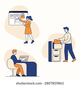 Flat vector illustration of a professional business team working in an office environment. The scene features employees managing project workflows on a digital kanban board, organizing document folders in a filing cabinet, and analyzing business statistics on a laptop. Perfect for teamwork, task management, administrative duties, and corporate workflow concepts.
