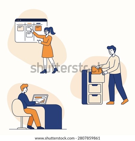 Flat vector illustration of a professional business team working in an office environment. The scene features employees managing project workflows on a digital kanban board, organizing document folders in a filing cabinet, and analyzing business statistics on a laptop. Perfect for teamwork, task management, administrative duties, and corporate workflow concepts.