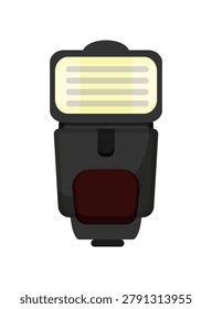Flat vector illustration of a professional camera flash speedlight. Front view photography accessory isolated on white background.