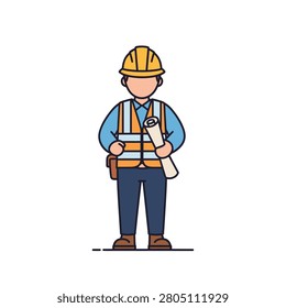A flat vector illustration of a professional construction worker or civil engineer standing against a white background. The character is wearing a yellow safety helmet, a high-visibility orange reflective vest, and is holding a rolled-up set of architectural blueprints. This clean, modern graphic represents the construction industry, site management, and architectural planning.