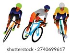 Flat vector illustration of professional cyclists in a high-speed race, featuring dynamic leaning poses and vibrant color gradients.