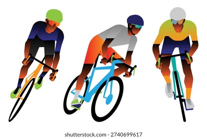 Flat vector illustration of professional cyclists in a high-speed race, featuring dynamic leaning poses and vibrant color gradients.