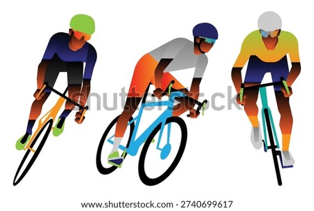Flat vector illustration of professional cyclists in a high-speed race, featuring dynamic leaning poses and vibrant color gradients.