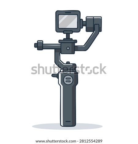 A flat vector illustration of a professional handheld gimbal stabilizer holding a small action camera, used for capturing stable cinematic footage.