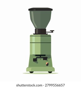 A flat vector illustration of a professional industrial style coffee bean grinder with a hopper on top in a minimalist green design
