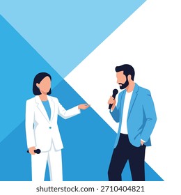 Flat vector illustration of professional interviewers with microphones on a modern blue geometric background, useful for communication concepts. Isolated on white background.