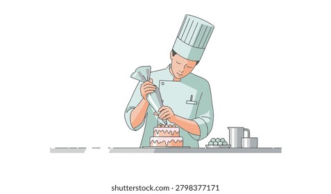 Flat vector illustration of a professional male pastry chef in a mint green uniform and toque decorating a tiered cake with a piping bag in a minimalist commercial bakery setting.