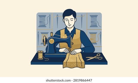Flat vector illustration of a professional male tailor operating a vintage-style blue sewing machine, stitching gold patterned fabric in a workshop with thread spools and needles.