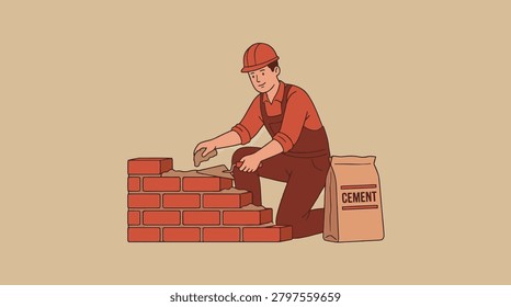 Flat vector illustration of a professional mason wearing a hard hat and overalls, using a trowel to build a red brick wall beside a bag of cement on a clean neutral background.