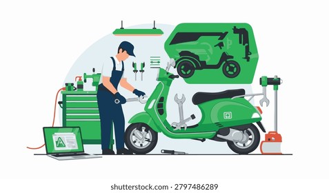 Flat vector illustration of a professional mechanic in blue overalls repairing a green motor scooter with a wrench in a modern workshop with tools and diagnostic laptop.