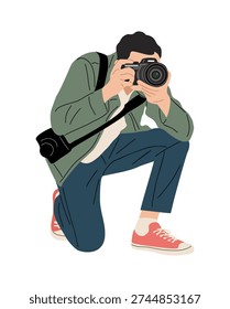 Flat vector illustration of professional photographer kneeling with a camera, wearing a green jacket, dark pants, and coral sneakers, isolated on a white background.