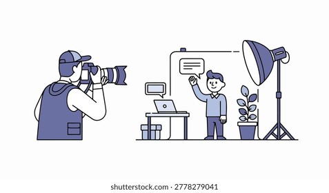 A flat vector illustration of a professional photographer with a camera capturing a shot of a man standing in a studio setup with a light, plant, and desk.