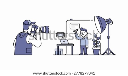 A flat vector illustration of a professional photographer with a camera capturing a shot of a man standing in a studio setup with a light, plant, and desk.