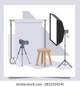 A flat vector illustration of a professional photography studio equipment including a camera on a tripod, a wooden stool, and a softbox light setup with a backdrop.