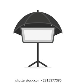 A flat vector illustration of a professional studio lighting setup featuring a rectangular softbox mounted on a tripod stand with a black umbrella reflector.