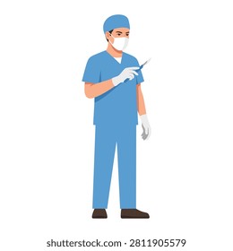 Flat vector illustration of a professional surgeon wearing scrubs and mask holding a surgical tool