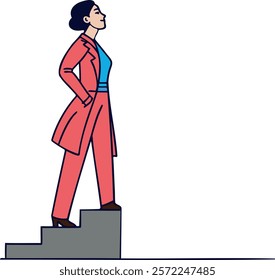 Flat vector illustration of a professional woman confidently ascending steps, symbolizing career growth, determination, and achievement. Ideal for business, leadership, and motivational themes