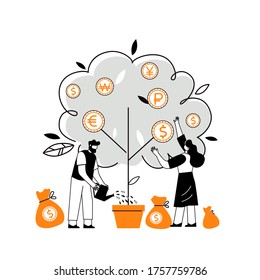 Flat vector illustration of profit from business investments. Metaphor of financial income. Investor strategy, financing concept. Characters that collect cash from the money tree.