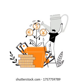 Flat vector illustration of profit from business investments. Metaphor of financial income. Investor strategy, financing concept. The character of a man grows a money tree.
