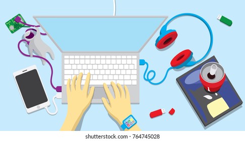 Flat vector illustration: the programmer is sitting at the computer