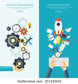 Flat vector illustration. Project management. Startup. Background with hands, keyboard, tools.New ideas, business solutions.