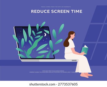 A flat vector illustration promoting digital detox by showing a woman reading a book in nature under the moonlight. Perfect for screen time reduction campaigns, mental health posters, and educational social media content.