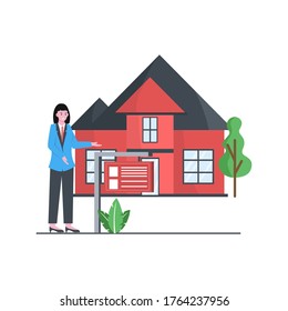 Ilustración vectorial plana de anuncios inmobiliarios, inmobiliarios y inmobiliarios que muestran vendedores y compradores para página de aterrizaje, ui, aplicación móvil y sitio web