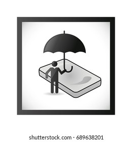 Flat vector illustration of the protection of a mattress against moisture and condensation. Man icon with umbrella and shadow on white background