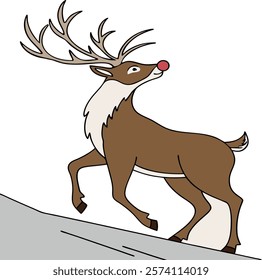  Flat vector illustration of a proud Rudolph with his glowing red nose, standing on a snowy hill. Perfect for Christmas designs, holiday cards, and festive decorations.