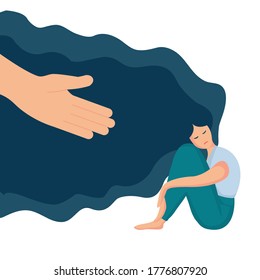 Flat vector illustration of psychological concept of support and care for people under stress. Human hand helps a woman to get rid of depression. Sad lonely woman with hair sitting, hugging her knees