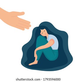 Flat vector illustration of psychological concept of support and care for people under stress. Human hand helps a woman to get rid of depression. Sad lonely woman with hair sitting, hugging her knees