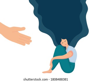 Flat vector illustration of psychological concept of support and care for people under stress. Human hand helps a woman to get rid of depression. Sad lonely woman with hair sitting, hugging her knees