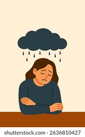 Flat vector illustration for psychological support or awareness. Sad woman sitting with arms crossed and a dark cloud raining over her head. Symbol of depression, mental health struggles, sadness, and