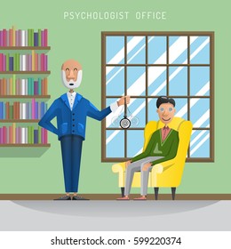 Flat vector illustration the psychologist enters the patient into hypnosis in my clinic, psychological assistance. The interior of the psychologist office