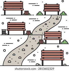 Flat Vector Illustration of a Public Park with Benches and Path