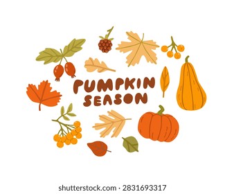 Flat vector illustration of a Pumpkin Season greeting with pumpkins, autumn leaves, acorns and wild berries arranged in a decorative composition. Warm seasonal colors on a white background.