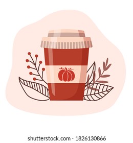 Flat vector illustration of pumpkin spice latte cup. Paper cup of coffee to go with modern floral decor