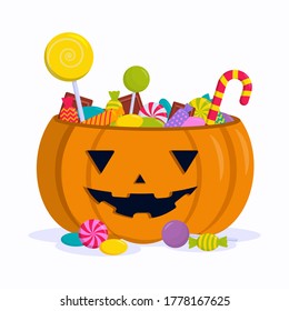 Flat vector illustration: pumpkin with sweets, lollipops and chocolates. Happy Halloween.