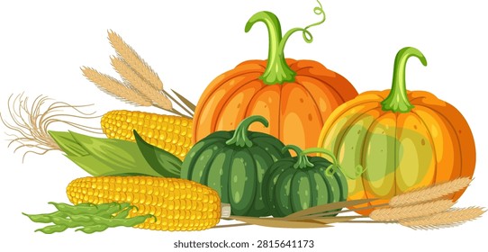 Flat vector illustration of pumpkins, corn cobs, wheat stalks, and green beans on white background.