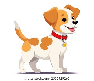 Flat vector illustration of a puppy of jack russell terrier breed. Multicolor doggy standing with tongue hanging out. Friendly pet with raised tail.