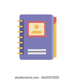 Flat vector illustration of a purple address book with gold tabs. Clean graphic style and simple composition against White Background.