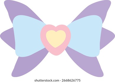"Flat vector illustration of purple and blue ribbon bow with pink heart center for decoration, Valentine’s Day, romantic design, and celebration projects."