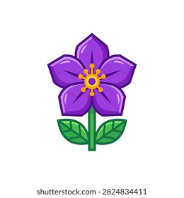 A flat vector illustration of a purple flower with five petals, green leaves, and a detailed yellow stamen, isolated on a white background.