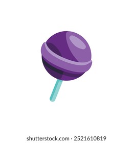 Ilustración vectorial plana de una piruleta púrpura con sombreado simple y líneas limpias sobre un fondo blanco.