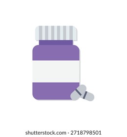 Ilustración vectorial plana de un frasco de medicina púrpura con cápsulas. Concepto para farmacia, tratamiento médico y atención médica aislado en blanco.